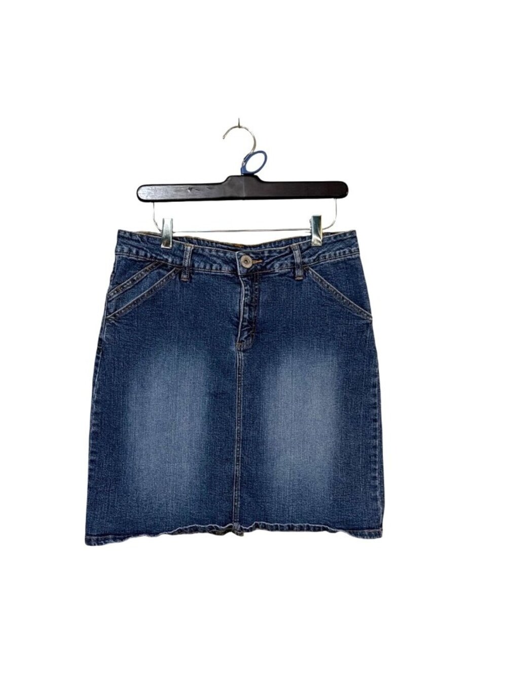 Faded Glory Womens Stretch Denim Skirt Missy Size 8 Dark Stone Wash Casual Mini